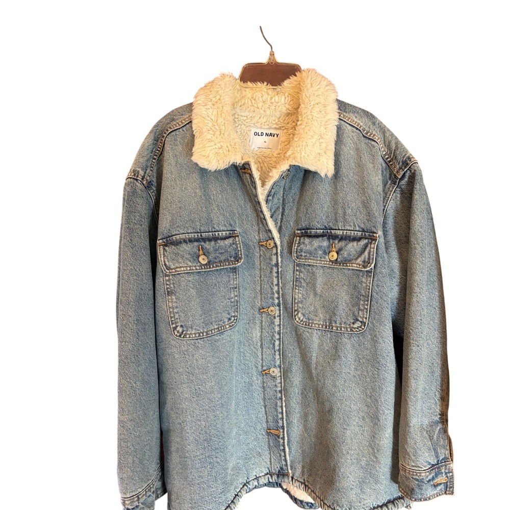 Old Navy Denim Jacket Mens XL Blue Excellent Sherpa Lined Trucker Faux Fur